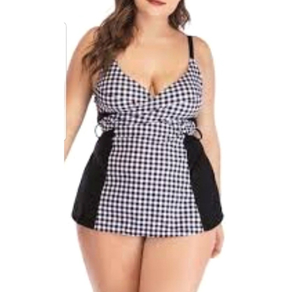 Cacique Women's Black and White Checkered Swim Dress 16